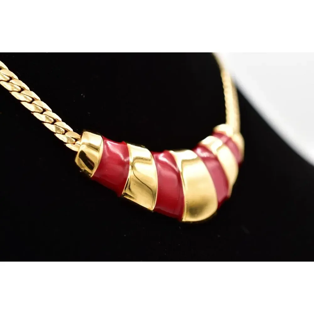 Napier Vintage Collar Necklace Red Enamel Gold Herringbone Chain Signed BinA17